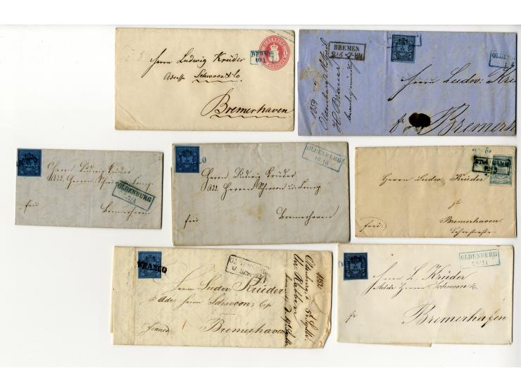 1852/65 (ca.), Partie mit 22 frankierten Briefen und 6 Ganzsachen-Umschlägen aus einer Familien-Korrespondenz nach Bremerhave