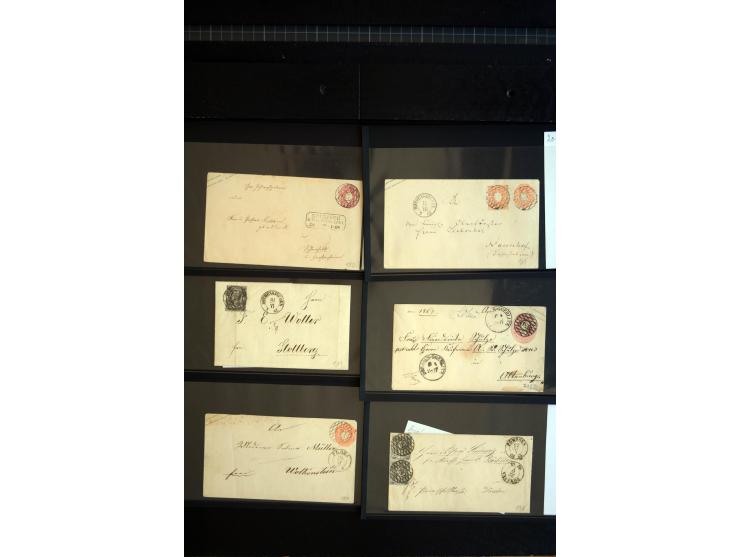 1851/67 (ca.), Briefsammlung in 7 Kassetten, dabei viele Nummernstempel-Belege mit besseren Stücken, daneben Reco-Briefe, Gan