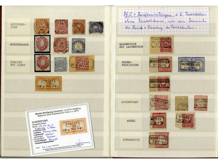 SPÄTE POSTORTE: Kleine Sammlung lose Marken und Briefstücke von Sachsen, NDP und DR, dabei viele seltene Entwertungen auf Sac