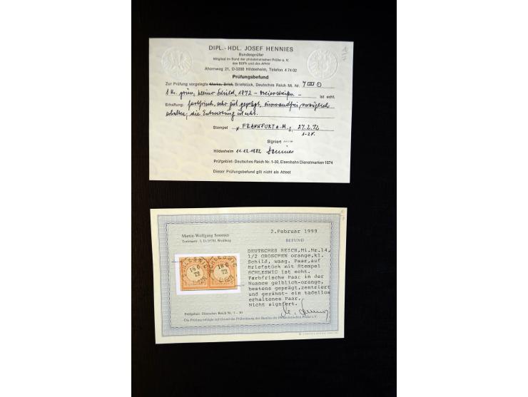 1872/75, Brustschilde-Sammlung mit ca. 300 Einzelmarken/Briefstücken, über 30 Paaren, 5 Dreierstreifen und 6 Viererblocks/-st