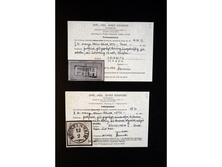 1872/75, Brustschilde-Sammlung mit ca. 300 Einzelmarken/Briefstücken, über 30 Paaren, 5 Dreierstreifen und 6 Viererblocks/-st