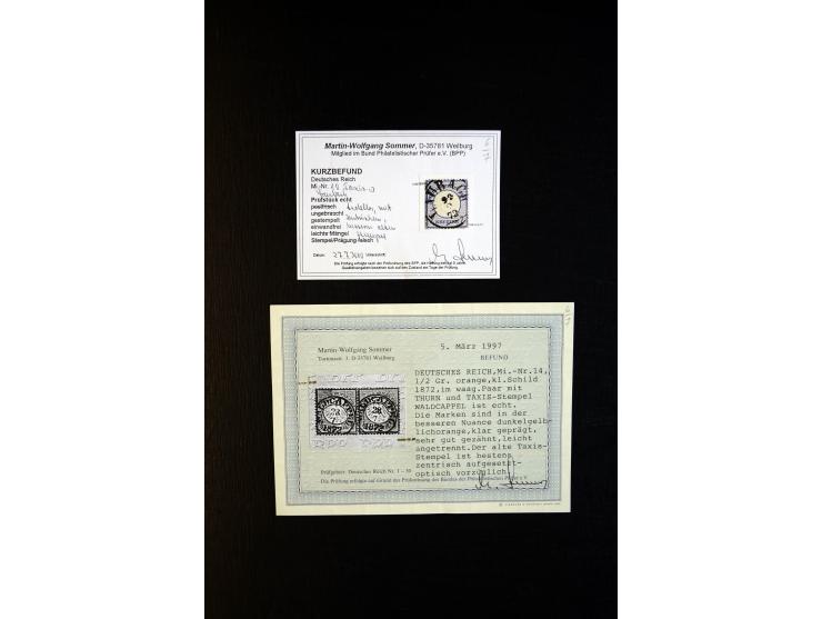 1872/75, Brustschilde-Sammlung mit ca. 300 Einzelmarken/Briefstücken, über 30 Paaren, 5 Dreierstreifen und 6 Viererblocks/-st