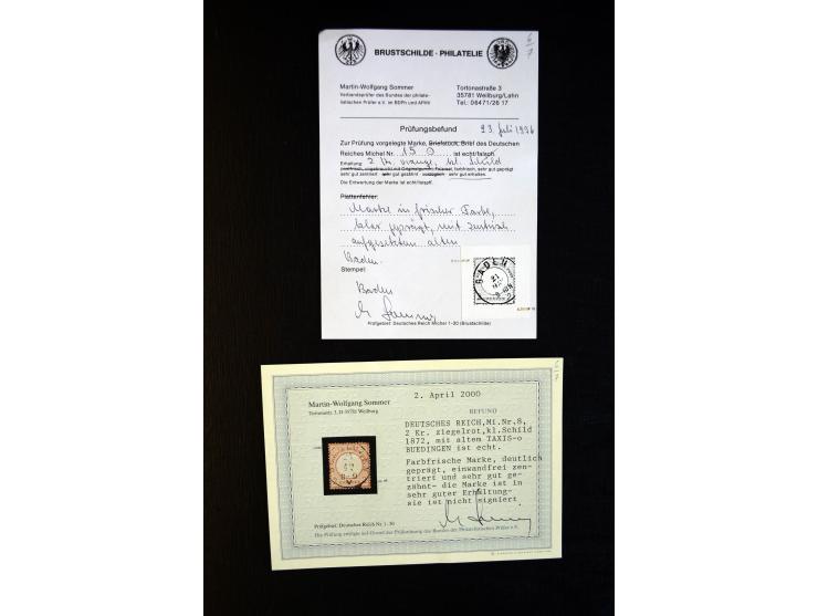 1872/75, Brustschilde-Sammlung mit ca. 300 Einzelmarken/Briefstücken, über 30 Paaren, 5 Dreierstreifen und 6 Viererblocks/-st
