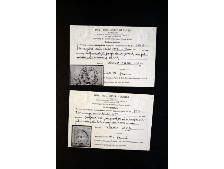 1872/75, Brustschilde-Sammlung mit ca. 300 Einzelmarken/Briefstücken, über 30 Paaren, 5 Dreierstreifen und 6 Viererblocks/-st