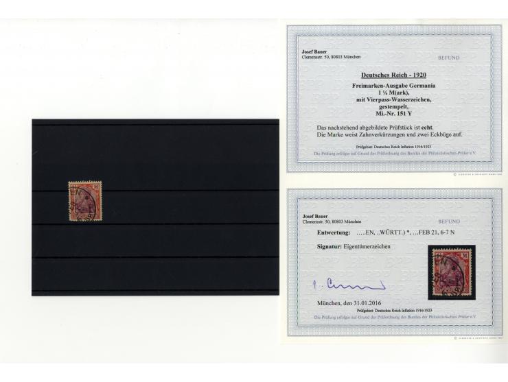 1920, Germania 1¼ M. mit Wz. Vierpaß, 10x gestempelt, alle mit kleinen Einschränkungen, je mit Befund/Fotoattest Bauer BPP (M