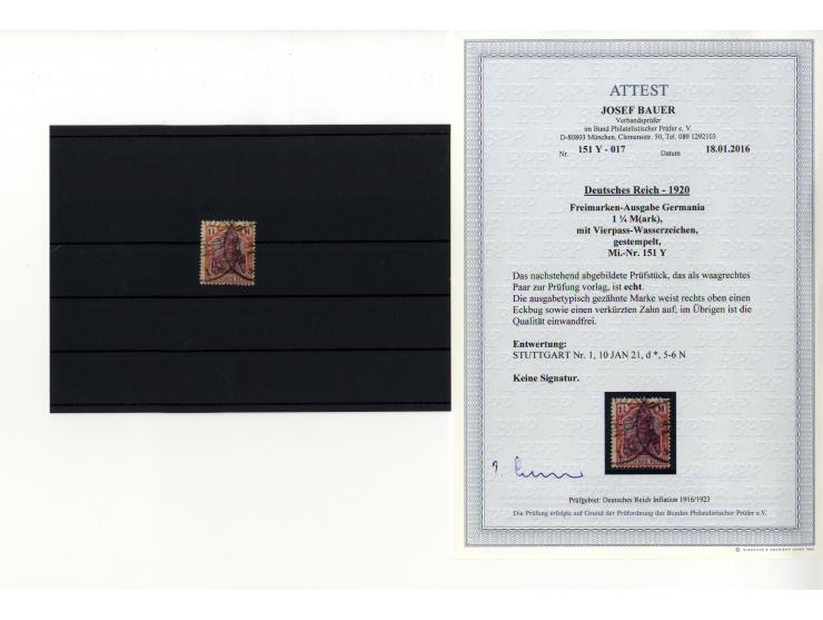 1920, Germania 1¼ M. mit Wz. Vierpaß, 10x gestempelt, alle mit kleinen Einschränkungen, je mit Befund/Fotoattest Bauer BPP (M