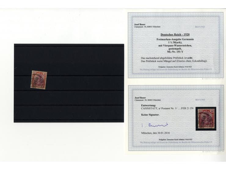 1920, Germania 1¼ M. mit Wz. Vierpaß, 10x gestempelt, alle mit kleinen Einschränkungen, je mit Befund/Fotoattest Bauer BPP (M