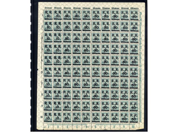 1923, Mi.-Nr. 275 (4 Bogen) und 314A (16 Bogen) je mit Aufdruck "R.R. 10, 20, 30 und 50 Millionen", postfrisch, im Ceres-Kata
