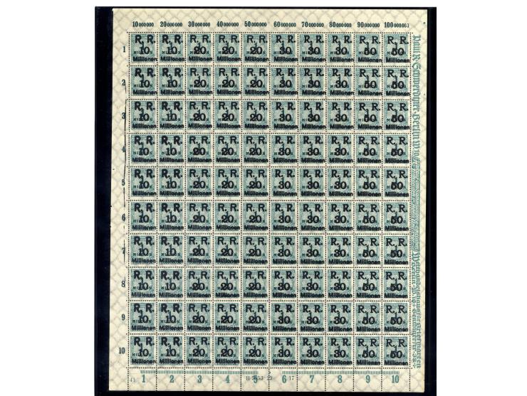 1923, Mi.-Nr. 275 (4 Bogen) und 314A (16 Bogen) je mit Aufdruck "R.R. 10, 20, 30 und 50 Millionen", postfrisch, im Ceres-Kata