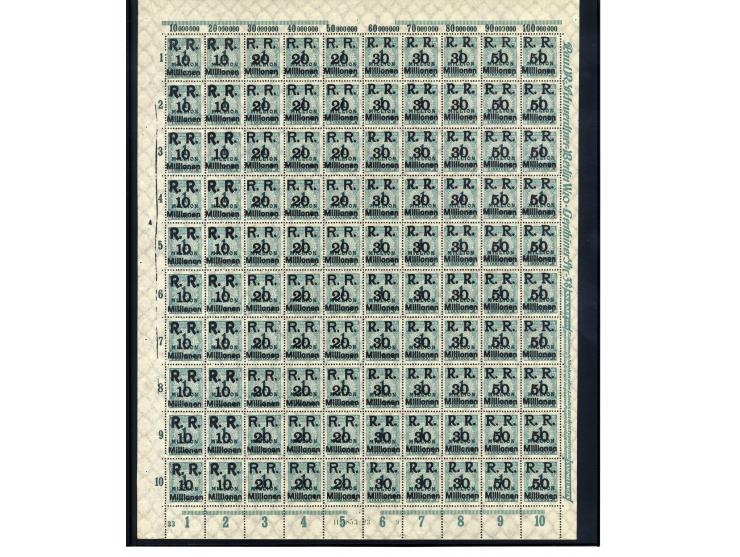 1923, Mi.-Nr. 275 (4 Bogen) und 314A (16 Bogen) je mit Aufdruck "R.R. 10, 20, 30 und 50 Millionen", postfrisch, im Ceres-Kata