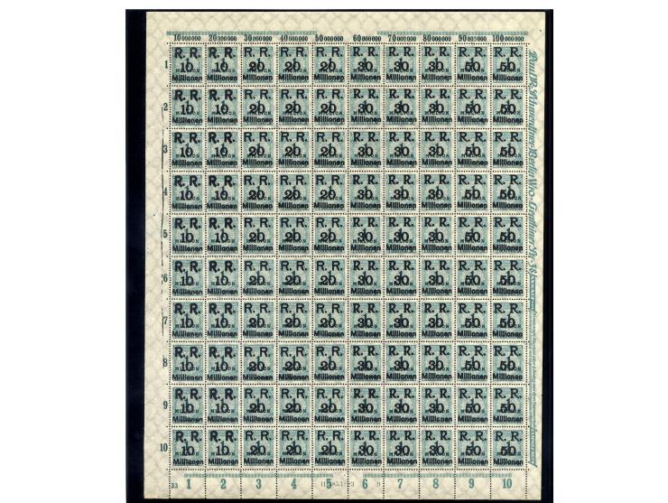 1923, Mi.-Nr. 275 (4 Bogen) und 314A (16 Bogen) je mit Aufdruck "R.R. 10, 20, 30 und 50 Millionen", postfrisch, im Ceres-Kata