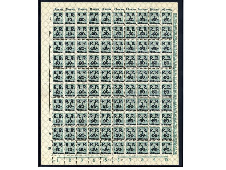 1923, Mi.-Nr. 275 (4 Bogen) und 314A (16 Bogen) je mit Aufdruck "R.R. 10, 20, 30 und 50 Millionen", postfrisch, im Ceres-Kata