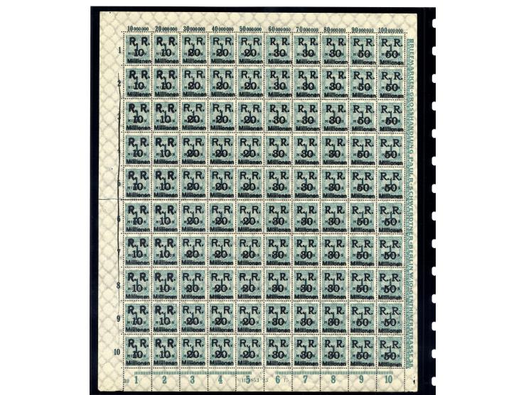 1923, Mi.-Nr. 275 (4 Bogen) und 314A (16 Bogen) je mit Aufdruck "R.R. 10, 20, 30 und 50 Millionen", postfrisch, im Ceres-Kata