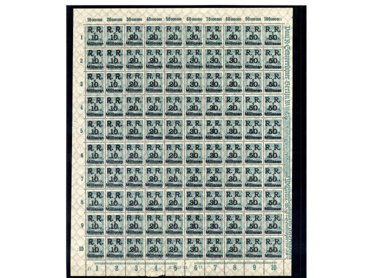 1923, Mi.-Nr. 275 (4 Bogen) und 314A (16 Bogen) je mit Aufdruck "R.R. 10, 20, 30 und 50 Millionen", postfrisch, im Ceres-Kata