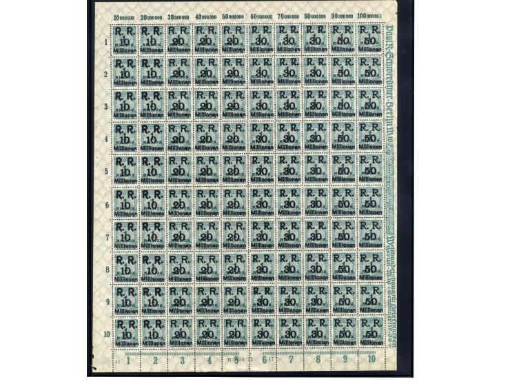 1923, Mi.-Nr. 275 (4 Bogen) und 314A (16 Bogen) je mit Aufdruck "R.R. 10, 20, 30 und 50 Millionen", postfrisch, im Ceres-Kata