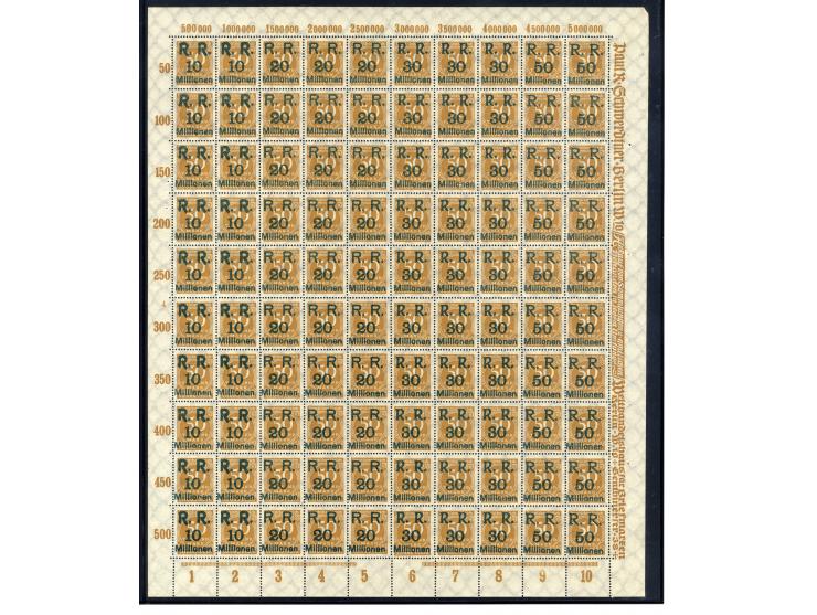 1923, Mi.-Nr. 275 (4 Bogen) und 314A (16 Bogen) je mit Aufdruck "R.R. 10, 20, 30 und 50 Millionen", postfrisch, im Ceres-Kata
