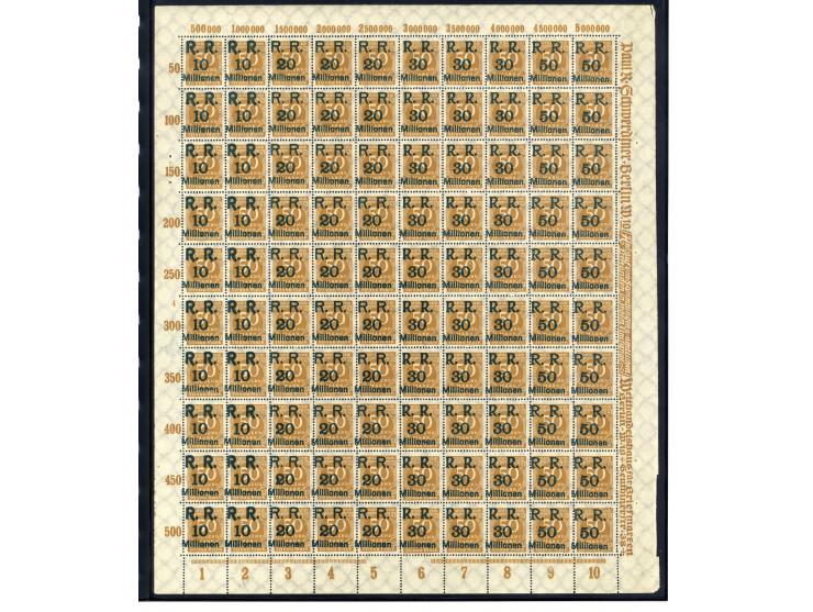 1923, Mi.-Nr. 275 (4 Bogen) und 314A (16 Bogen) je mit Aufdruck "R.R. 10, 20, 30 und 50 Millionen", postfrisch, im Ceres-Kata