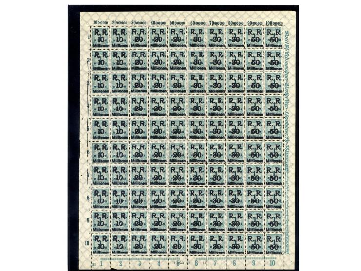 1923, Mi.-Nr. 275 (4 Bogen) und 314A (16 Bogen) je mit Aufdruck "R.R. 10, 20, 30 und 50 Millionen", postfrisch, im Ceres-Kata