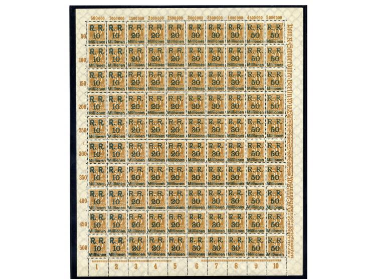 1923, Mi.-Nr. 275 (4 Bogen) und 314A (16 Bogen) je mit Aufdruck "R.R. 10, 20, 30 und 50 Millionen", postfrisch, im Ceres-Kata
