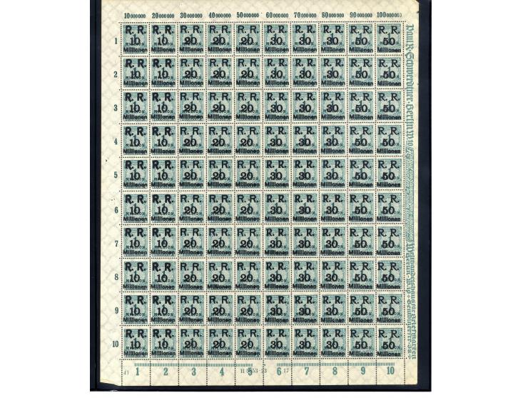 1923, Mi.-Nr. 275 (4 Bogen) und 314A (16 Bogen) je mit Aufdruck "R.R. 10, 20, 30 und 50 Millionen", postfrisch, im Ceres-Kata