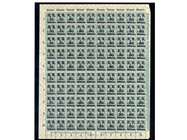 1923, Mi.-Nr. 275 (4 Bogen) und 314A (16 Bogen) je mit Aufdruck "R.R. 10, 20, 30 und 50 Millionen", postfrisch, im Ceres-Kata