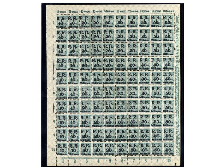 1923, Mi.-Nr. 275 (4 Bogen) und 314A (16 Bogen) je mit Aufdruck "R.R. 10, 20, 30 und 50 Millionen", postfrisch, im Ceres-Kata