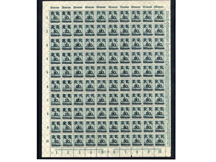 1923, Mi.-Nr. 275 (4 Bogen) und 314A (16 Bogen) je mit Aufdruck "R.R. 10, 20, 30 und 50 Millionen", postfrisch, im Ceres-Kata