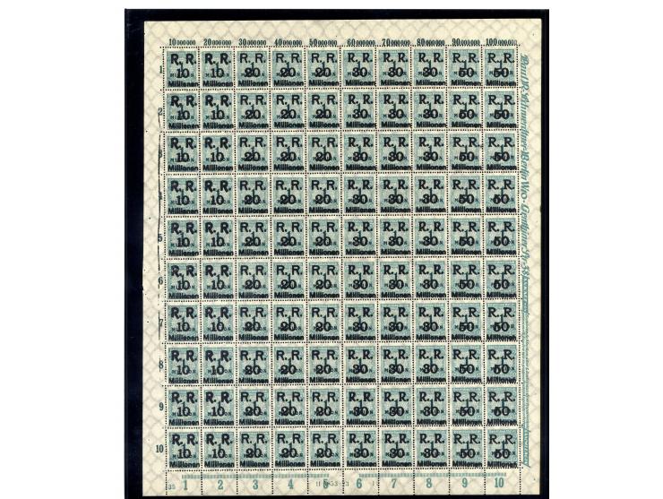 1923, Mi.-Nr. 275 (4 Bogen) und 314A (16 Bogen) je mit Aufdruck "R.R. 10, 20, 30 und 50 Millionen", postfrisch, im Ceres-Kata