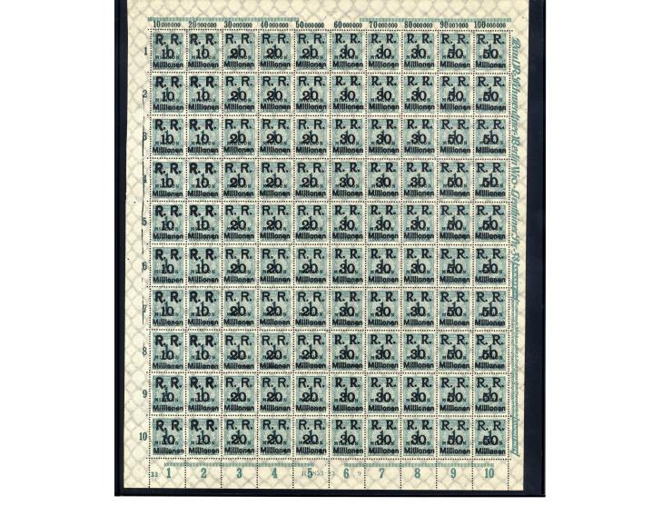 1923, Mi.-Nr. 275 (4 Bogen) und 314A (16 Bogen) je mit Aufdruck "R.R. 10, 20, 30 und 50 Millionen", postfrisch, im Ceres-Kata