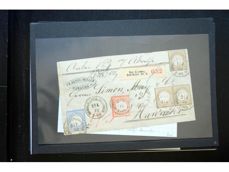 1872/74, 25 Brustschild-Briefe/Karten mit vielen besseren Frankaturen, dabei u.a. Mi.-Nr. 11, 12, 13, 30, dabei Buntfrankatur