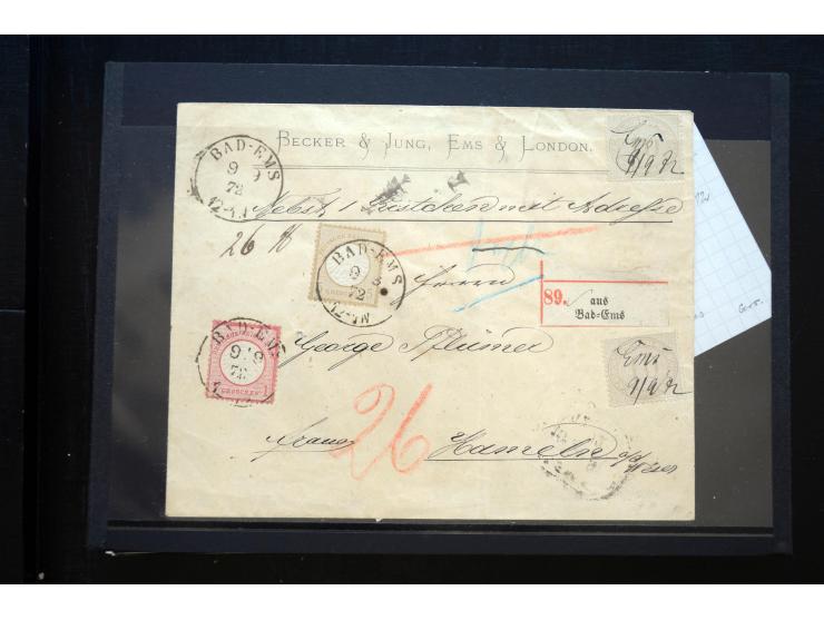 1872/74, 25 Brustschild-Briefe/Karten mit vielen besseren Frankaturen, dabei u.a. Mi.-Nr. 11, 12, 13, 30, dabei Buntfrankatur