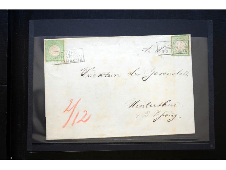 1872/74, 25 Brustschild-Briefe/Karten mit vielen besseren Frankaturen, dabei u.a. Mi.-Nr. 11, 12, 13, 30, dabei Buntfrankatur