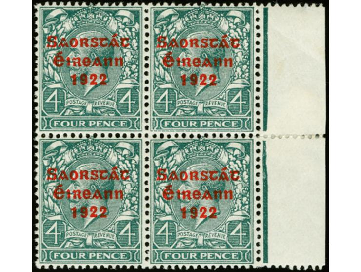 1922, Saortstat 3-line overprint by Thom Ltd., 4 d. as right marginal block of four, the upper right stamp with "breaks under