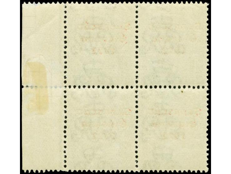 1922, Saortstat 3-line overprint by Thom Ltd., 4 d. as right marginal block of four, the upper right stamp with "breaks under