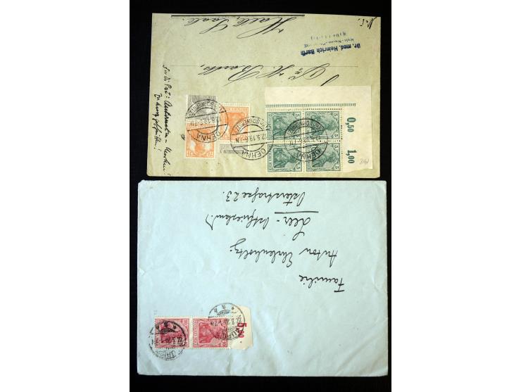 1905/18, Partie Germania Friedens- und Kriegsdruckmarken mit Oberrand auf 17 Briefen und Karten, dabei Einheiten, Bogenecken 