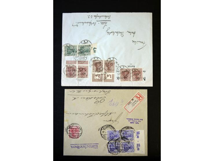 1905/18, Partie Germania Friedens- und Kriegsdruckmarken mit Oberrand auf 17 Briefen und Karten, dabei Einheiten, Bogenecken 