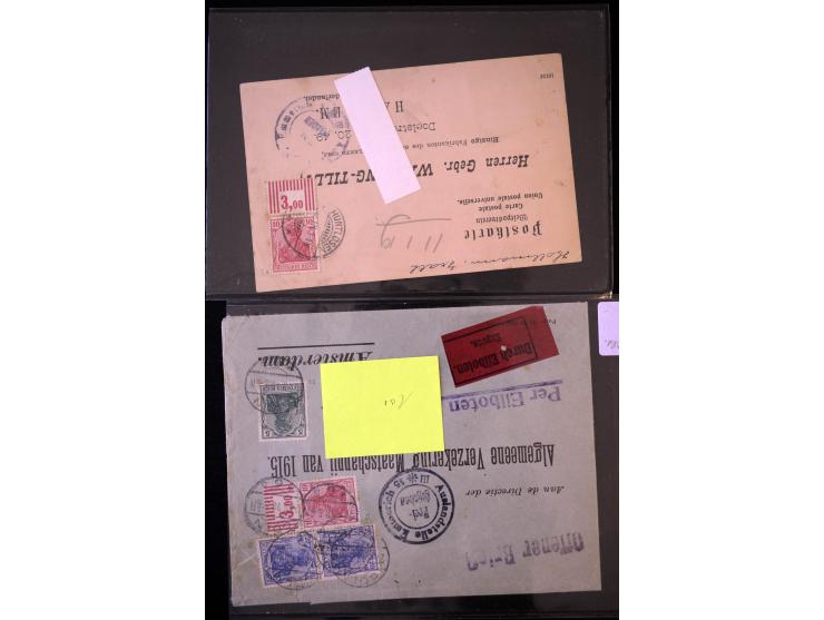 1905/18, Partie Germania Friedens- und Kriegsdruckmarken mit Oberrand auf 17 Briefen und Karten, dabei Einheiten, Bogenecken 