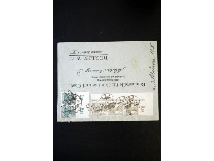 1905/18, Partie Germania Friedens- und Kriegsdruckmarken mit Oberrand auf 17 Briefen und Karten, dabei Einheiten, Bogenecken 
