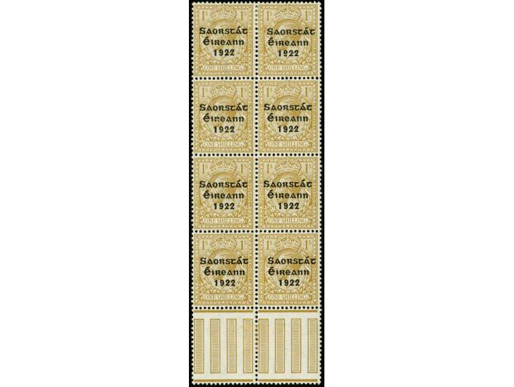 1922 Saorstát 1 s. ocre, fresh and very good centered block of eight with bottom sheet margin, second row right stamp with ba