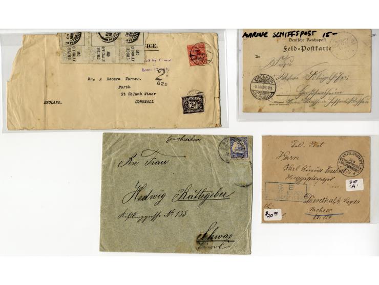1898/1919, interessanter Posten mit ca. 70 Briefen, Karten und Ganzsachen inkl. viel KGF-Post (u.a. DSWA und viel Kiautschou)