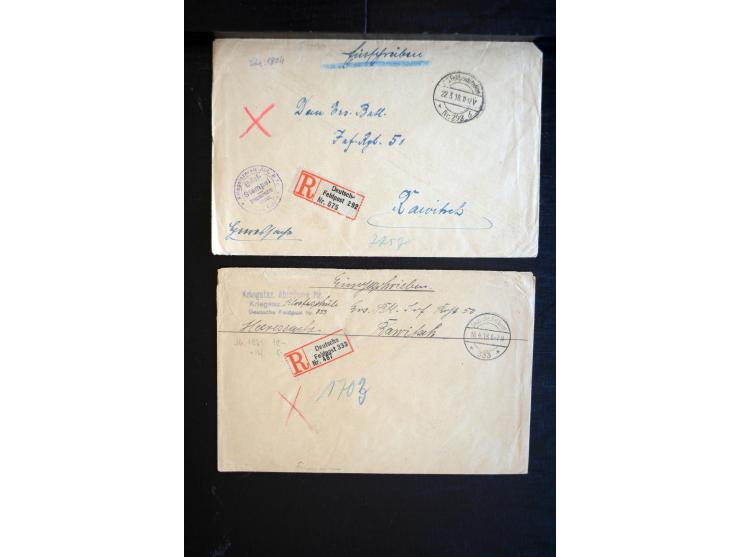 1914/18, ca. 140 R-Briefe (zum Teil Großforamte) mit R-Zetteln der Feldpost, sortenreich mit besseren, übliche Erhaltung ex M
