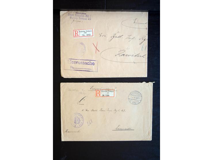 1914/18, ca. 140 R-Briefe (zum Teil Großforamte) mit R-Zetteln der Feldpost, sortenreich mit besseren, übliche Erhaltung ex M