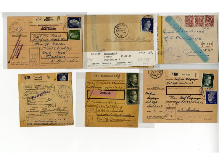 1939/45, Partie mit über 75 Briefen, Karten und Paketkarten aus bzw. in KZ, Ghettos, Fremdarbeiter- und Internierungslagern, 