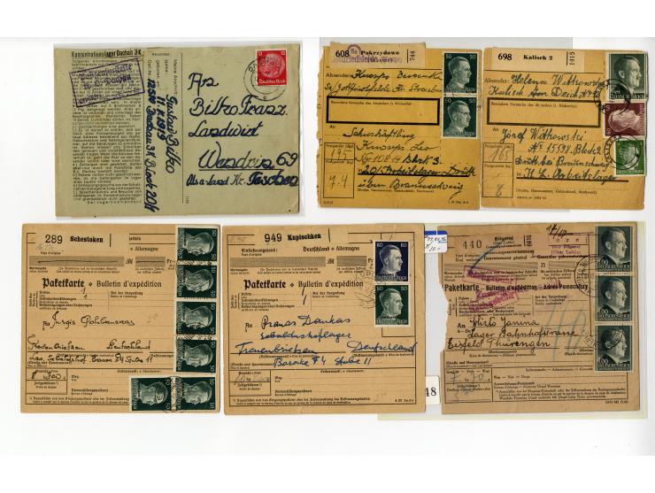 1939/45, Partie mit über 75 Briefen, Karten und Paketkarten aus bzw. in KZ, Ghettos, Fremdarbeiter- und Internierungslagern, 