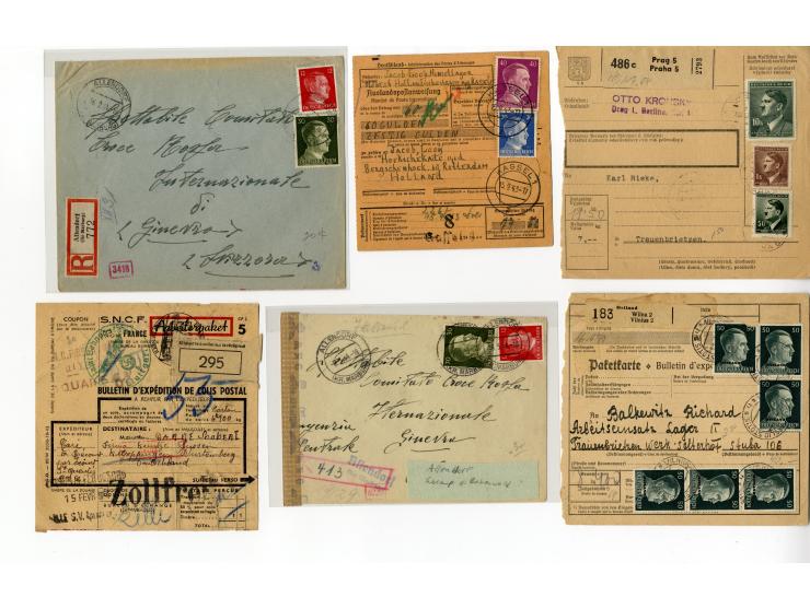 1939/45, Partie mit über 75 Briefen, Karten und Paketkarten aus bzw. in KZ, Ghettos, Fremdarbeiter- und Internierungslagern, 