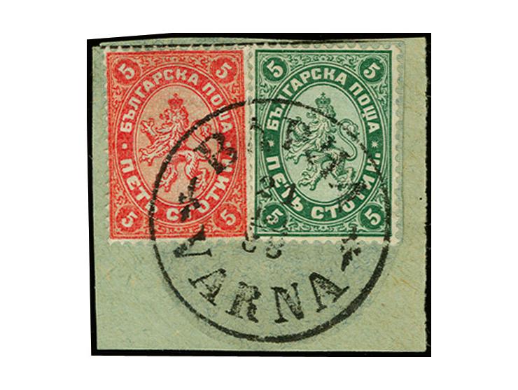 1882, Error of colour 5 st. rose, together with normal 5 st., tied by Varna cds. to small piece (backed with paper to improve
