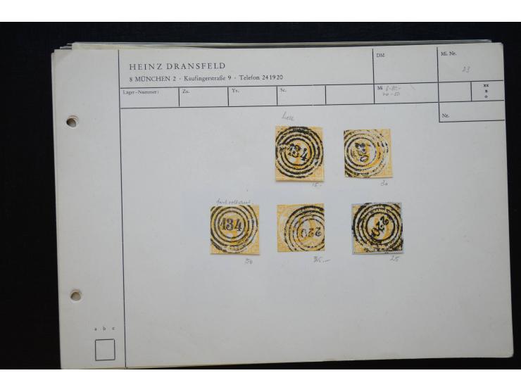 1870/1950 (ca.), kleine Partie, meist auf Steckkarten, dabei besseres Material wie DR Bl.1 auf Brief, Stände in 4er-Blocks, 1