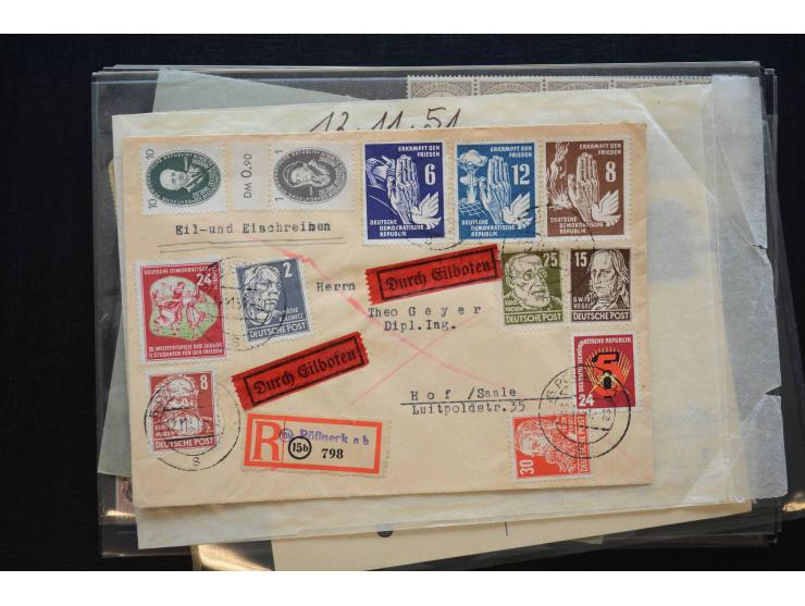 1870/1950 (ca.), kleine Partie, meist auf Steckkarten, dabei besseres Material wie DR Bl.1 auf Brief, Stände in 4er-Blocks, 1