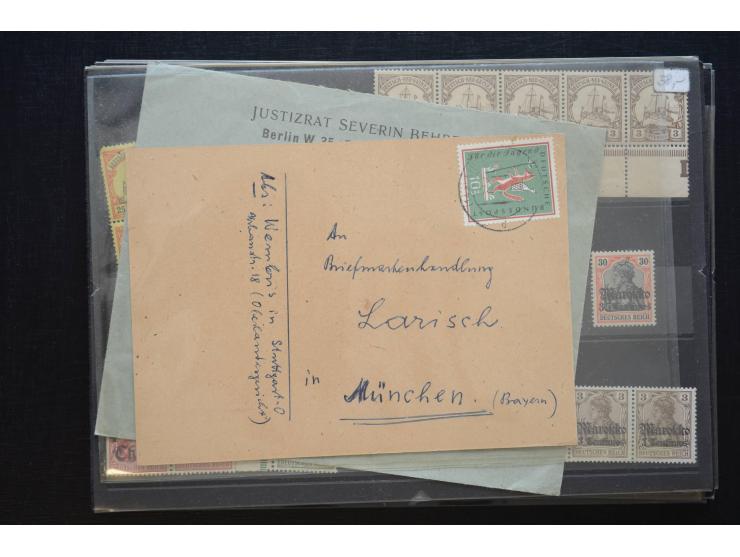 1870/1950 (ca.), kleine Partie, meist auf Steckkarten, dabei besseres Material wie DR Bl.1 auf Brief, Stände in 4er-Blocks, 1