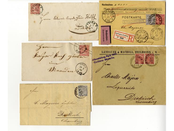 1850/1900 (ca.), über 60 Briefe, Karten und Ganzsachen, alle nach Luxemburg, dabei viele interessante Stücke, u.a. Baden, Pre